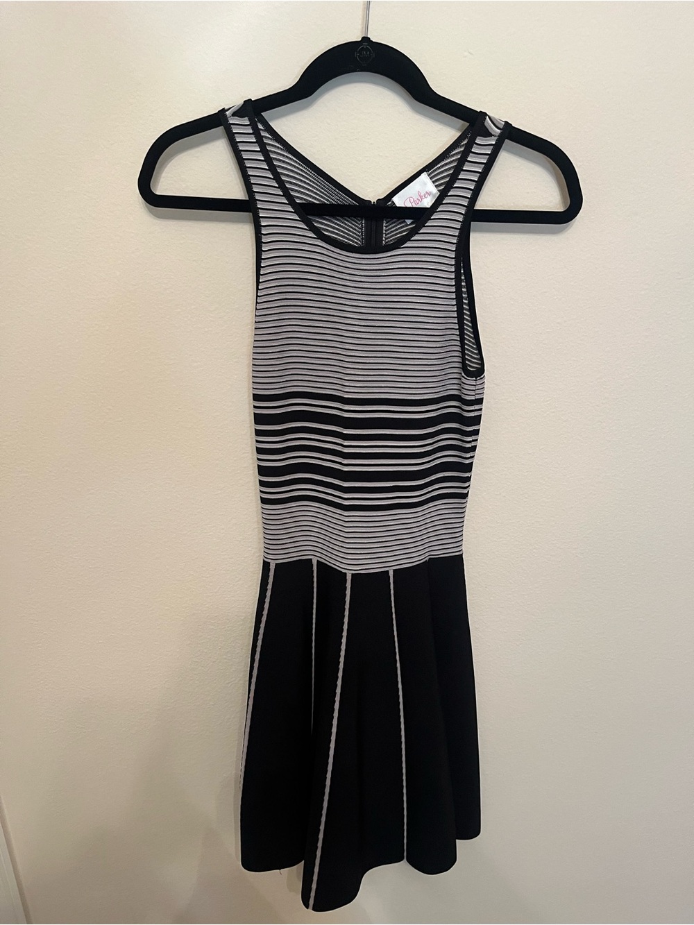 Parker Black and Silver Striped Knit Fit-and-Flare Dress